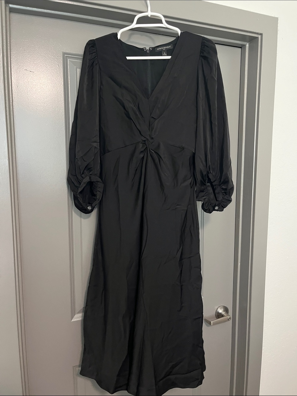 Banana Republic Black Twist-Front Midi Dress with Balloon Sleeves
